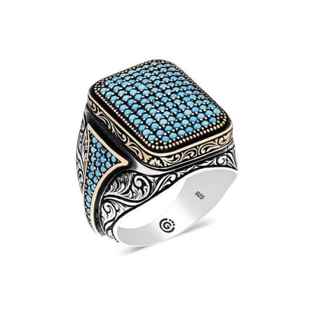 💎 Premium 925 Ayar İthal Gümüş Turkuaz Zirkon Taşlı Kare Erkek Yüzük - 23 Ölçü