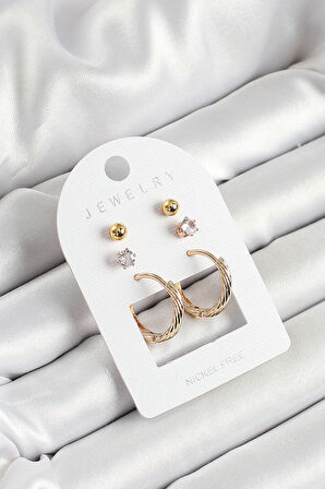 Pirinç Zirkon Taş Ve Halka Figürlü Gold Renk 3'lü Çift Kadın Küpe Set
