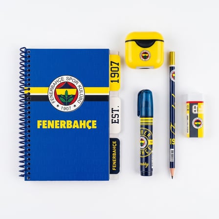 BakGelAl Fenerbahçe FB Lisanslı 5 Parça Kırtasiye Seti – Spiralli Defter, K.Kalem, Roket Silgi, Silgi ve Kalemtıraş