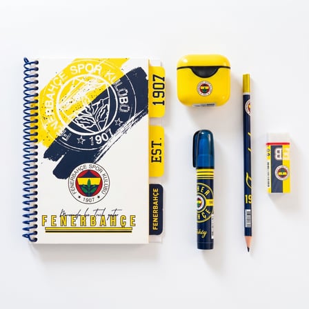 BakGelAl Fenerbahçe FB Lisanslı 5 Parça Kırtasiye Seti – Spiralli Defter, K.Kalem, Roket Silgi, Silgi ve Kalemtıraş