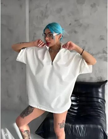 Unisex Yarım Fermuarlı Düz Oversize T-Shirt - Beyaz