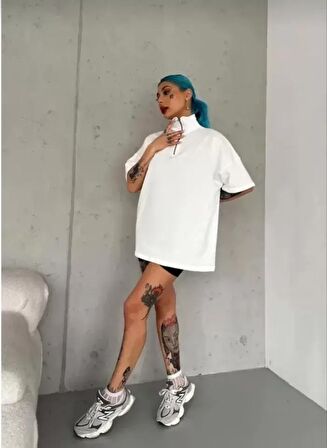 Unisex Yarım Fermuarlı Düz Oversize T-Shirt - Beyaz