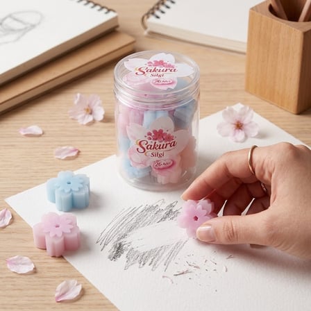 BakGelAl Sakura Çiçeği Tasarımlı Kavanozlu Mini Silgi Seti 26 Adet - Renkli Japon Kiraz Çiçeği Figürlü Kurşun Kalem Silgisi