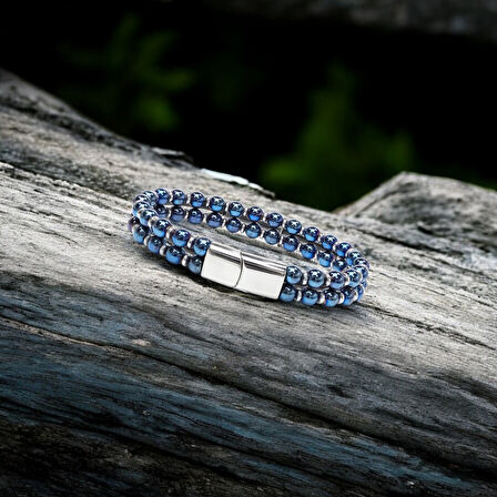  FM Çift Mavi Ve Gümüş Renk Hematit Çelik Bileklik 31832B20D6 