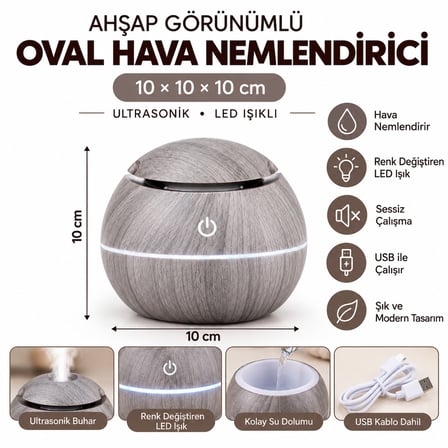 Ahşap Görünümlü Ultrasonik Hava Nemlendirici Aroma Difüzör LED Işıklı USB – OVAL BEYAZ