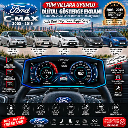Ford C-max 2003-2019 model uyumlu Harici digital gösterge Odb ekran arıza göstergesi turbo gösterge hayalet ekran