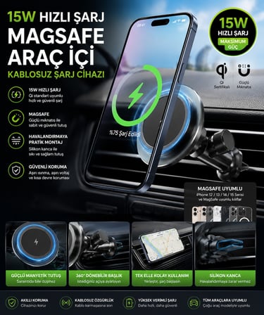 Kablosuz Hızlı şarj özellikli araç içi telefon tutucu kablosuz şarj magsafe destekli klima bölmesi şarj cihazı