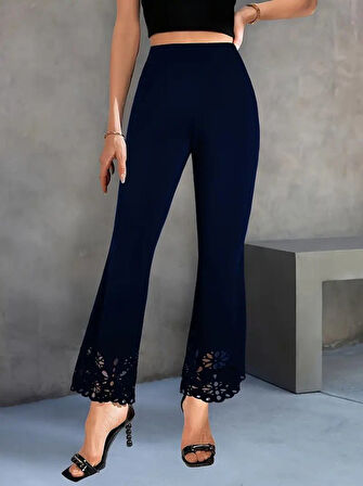 Kadın Yüksek Bel Paçaya Doğru Genişleyen Lazer çiçek Kesim Detaylı Ithal Krep Pantolon
