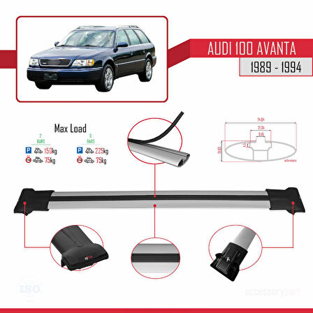 Audi 100 Avanta 1989-1994 Arası ile Uyumlu FLY Model Ara Atkı Tavan Barı Gri 2 Adet