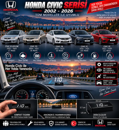Honda Civic 2002-2026 modeller için head up display hayalet gösterge ekranı ön cam hız göstergesi