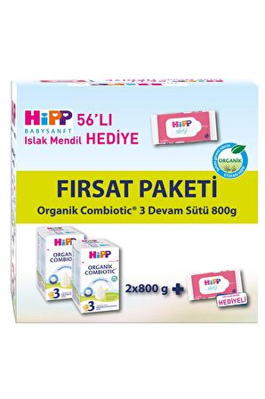 3 Organik Bebek Sütü Combiotic 800 gr X 2 Adet Avantaj Paketi (Islak Mendil Hediyeli)