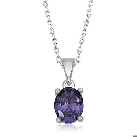 Gümüş Mor Kristal Oval Taşlı Kadın Kolye