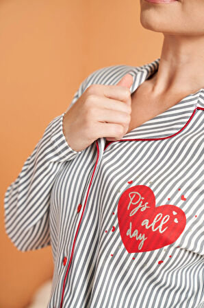 Pjs 28064 Kadın Düğmeli Pijama Takım - Gri - 42