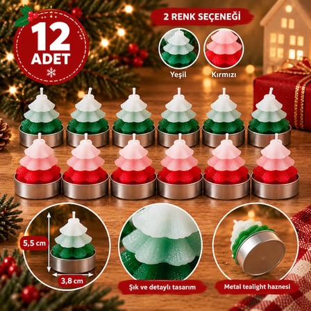 BakGelAl 12'li Avantaj Paketi Yılbaşı Çam Ağacı Mum Seti – Katmanlı Tasarım Simli Dekoratif Tealight Mum