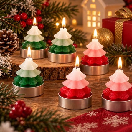 BakGelAl 12'li Avantaj Paketi Yılbaşı Çam Ağacı Mum Seti – Katmanlı Tasarım Simli Dekoratif Tealight Mum