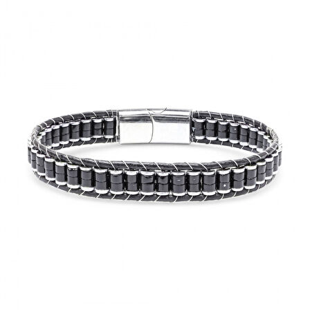  FM Oniks & Hematit Çelik Örgülü Deri Bileklik 31832B22D2 