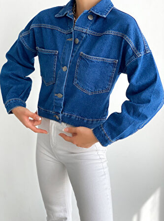 Çift Cepli Denim Crop Ceket