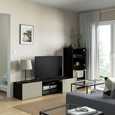 Tv ünitesi, venge-parlak cila-bej-füme cam, 240x42x129 cm, SELSVIKEN/GLASSVIK, fren raylı