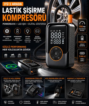 Mini Powerbank özellikli Kompresör araba lastik şişirme havuz top motorsiklet için şarjlı pompa