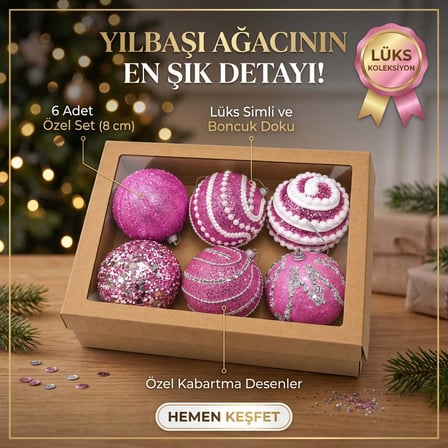 Premium 6'lı Yılbaşı Ağaç Süsleme Seti - 8 cm Yılbaşı Topu Aksesuarı 