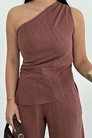 Keten Asimetrik Tek Omuzlu Bluz Pantalon Takım- Bordo