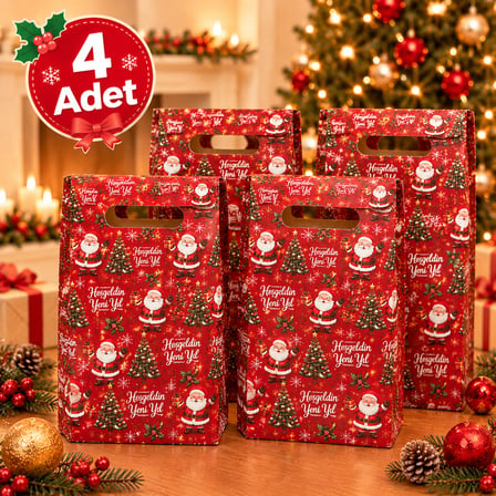 BakGelAl Kırmızı Noel Baba ve Çam Ağacı Desenli Yılbaşı Hediye Paket Çantası - Kulplu Dekoratif Karton Hediye Poşeti - 4'lü