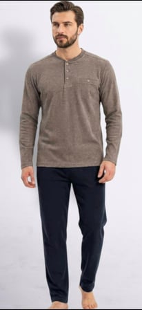 %100 Pamuk Selanik Orme Uzun Kol Erkek Pijama Takimi Kislik
