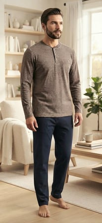 %100 Pamuk Selanik Orme Uzun Kol Erkek Pijama Takimi Kislik