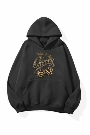 Unisex Yumuşak Dokulu Cherry Baskılı Tasarım Oversize 3 İplik Hoodie Sweatshirt
