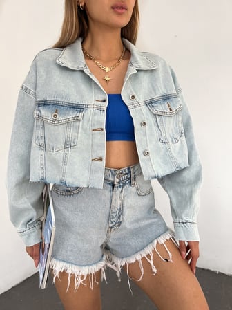 Çift Cepli Yıkamalı Crop Denim Ceket - MAVİ - S
