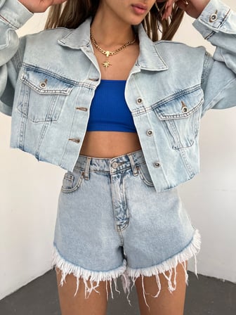 Çift Cepli Yıkamalı Crop Denim Ceket - MAVİ - S
