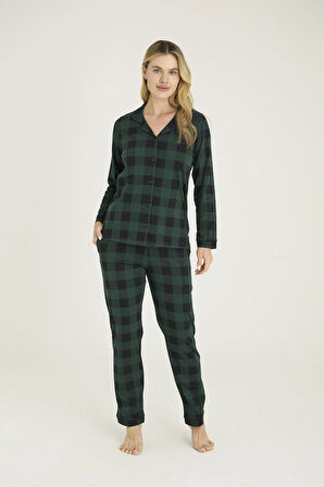 9209-k Kadın Apaj Yaka Pijama Takım - Yeşil - L