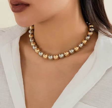 💎 Premium Parlak ve Şık İkili Tonlu Parlak Boncuk 316L Çelik Kadın Kolye (45cm)