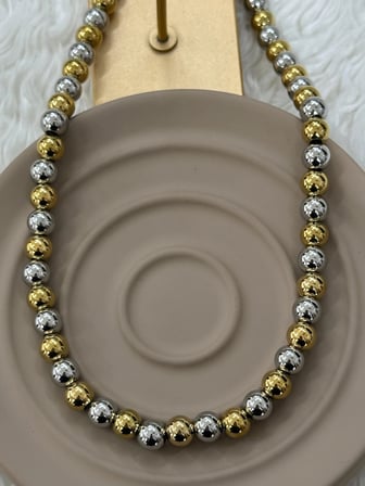 💎 Premium Parlak ve Şık İkili Tonlu Parlak Boncuk 316L Çelik Kadın Kolye (45cm)