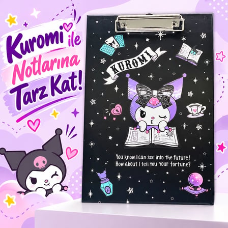 BakGelAl Kuromi Fal ve Büyü Temalı Siyah Metal Mandal Klipsli Sekreterlik ve Bloknot Altlığı (A4 Uyumlu)