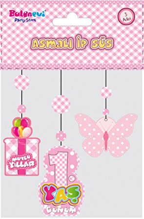 1 Yaş Temalı Asmalı İp Süs Pembe Renk 3 lü Set 12x45 cm (4172)