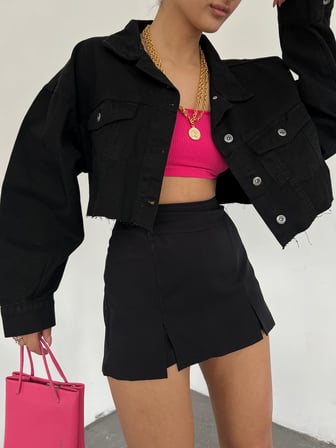 Çift Cepli Yıkamalı Crop Denim Ceket - SİYAH - M