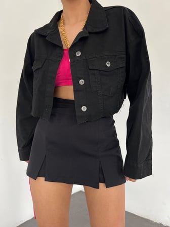 Çift Cepli Yıkamalı Crop Denim Ceket - SİYAH - M