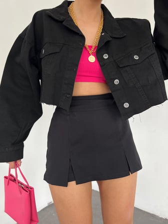 Çift Cepli Yıkamalı Crop Denim Ceket - SİYAH - M