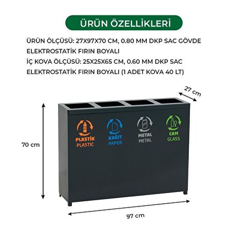 4'lü Metal Sıfır Atık Kutusu Geri Dönüşüm Çöp Kovası + Pil Kutusu