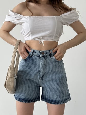 Paçası Püsküllü Desenli Denim Şort - AÇIK MAVİ - 40