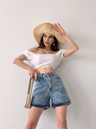 Paçası Püsküllü Desenli Denim Şort - AÇIK MAVİ - 40