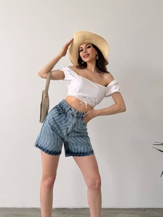 Paçası Püsküllü Desenli Denim Şort - AÇIK MAVİ - 40