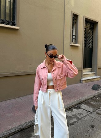 Çift Cep Denim Crop Ceket - PUDRA - S