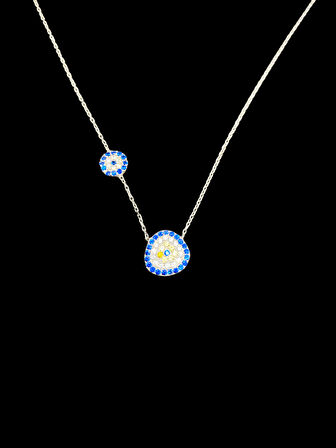 925 Ayar İthal Gümüş Çift Nazar Boncuğu Kolye | Mavi & Sarı Zirkon Taşlı | Şık Özel Tasarım Hediye