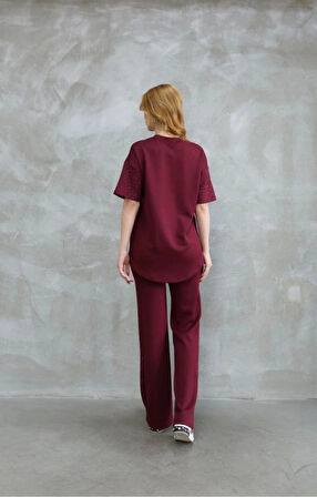 Osy Modal Yumuşak Dokulu Kumaş Bisiklet Yaka Taş Detaylı Kısa Kollu Takım - Bordo