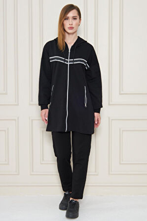 Kadın Pamuklu Kapüşonlu Tunik Eşofman Takımı SİYAH-XL
