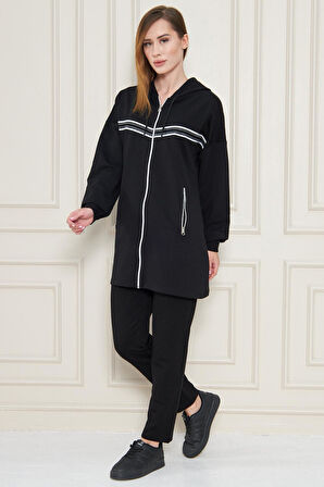 Kadın Pamuklu Kapüşonlu Tunik Eşofman Takımı SİYAH-XL