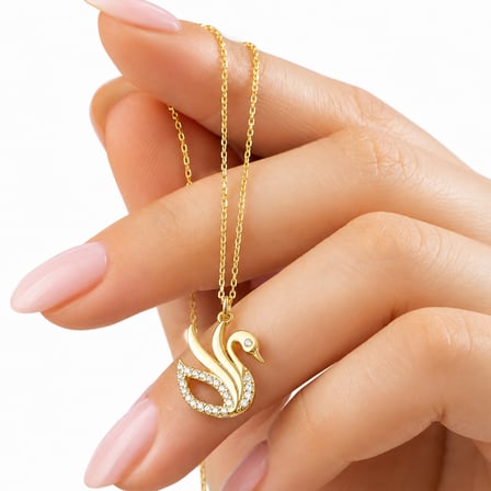 💎 Premium Parlak ve Şık Gold Renk Zarif Kuğu Kadın 925 Ayar Gümüş Kolye (45 cm)