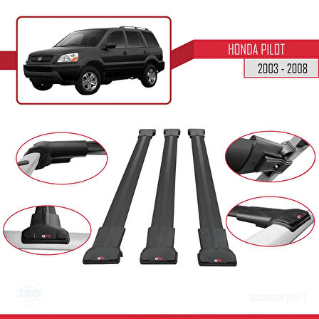 Honda Pilot 2003-2008 Arası ile Uyumlu FLY Model Ara Atkı Tavan Barı Siyah 3 Adet